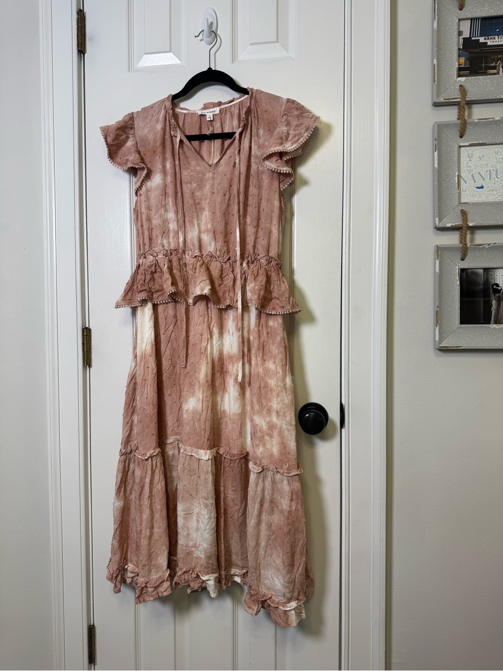 NWT Blu Pepper Tie Dye Swiss Dot Boho Midi Dress Large Pink Ruffle Cottagecore - Picture 4 of 11